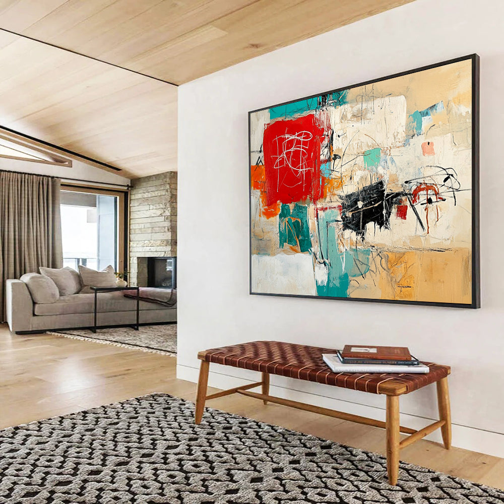 “Colorful Chaos” - Red, Teal, Orange, Expressive Marks - Abstract Expressionist Acrylic Painting HB1540