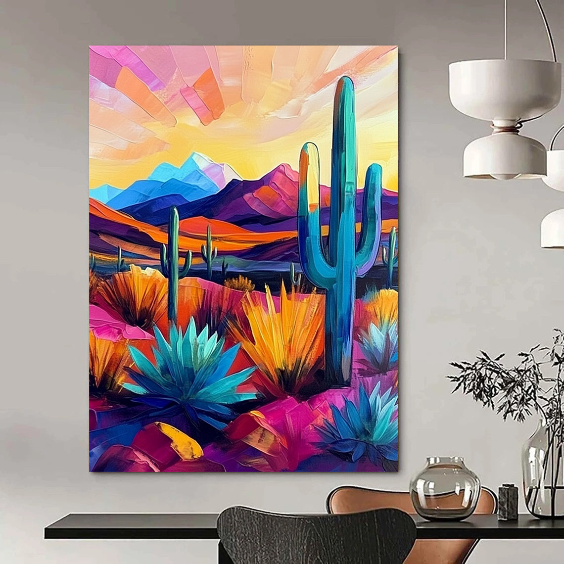 Vibrant modern abstract painting showcasing the Arizona desert with cacti and mountains in bold pink, blue, purple, yellow, and orange hues. DLZ1124