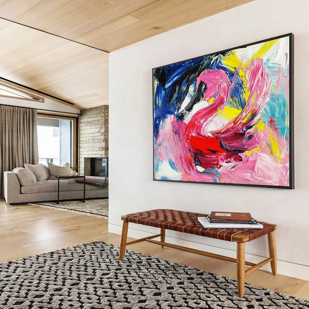 “Colorful Abstract Swan in Pink, Red, Blue, and Yellow” - Pink, red, blue, yellow; Abstract swan with colorful brushstrokes; Acrylic Painting On Canvas HB1234