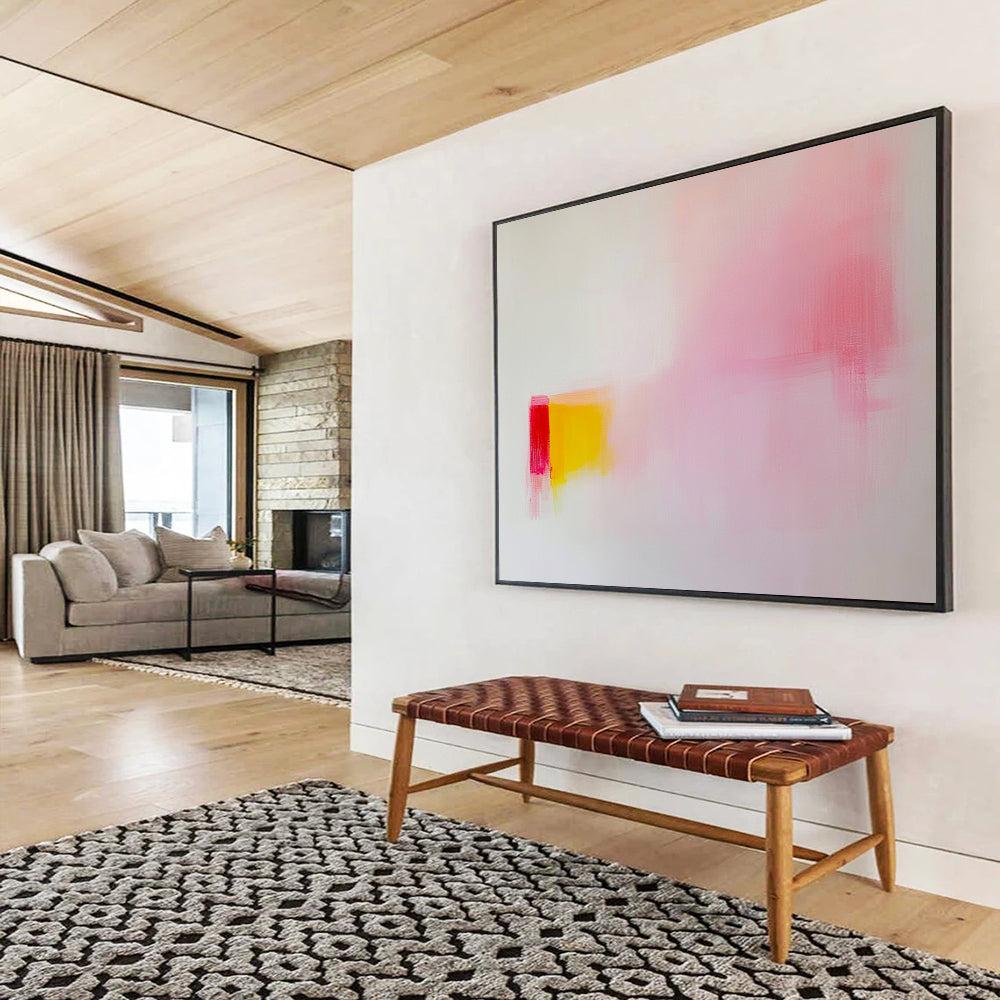 “Soft Color Block Abstraction” - Pink, yellow, red blocks, white background, Minimalist Color Field Painting On Canvas HB0605