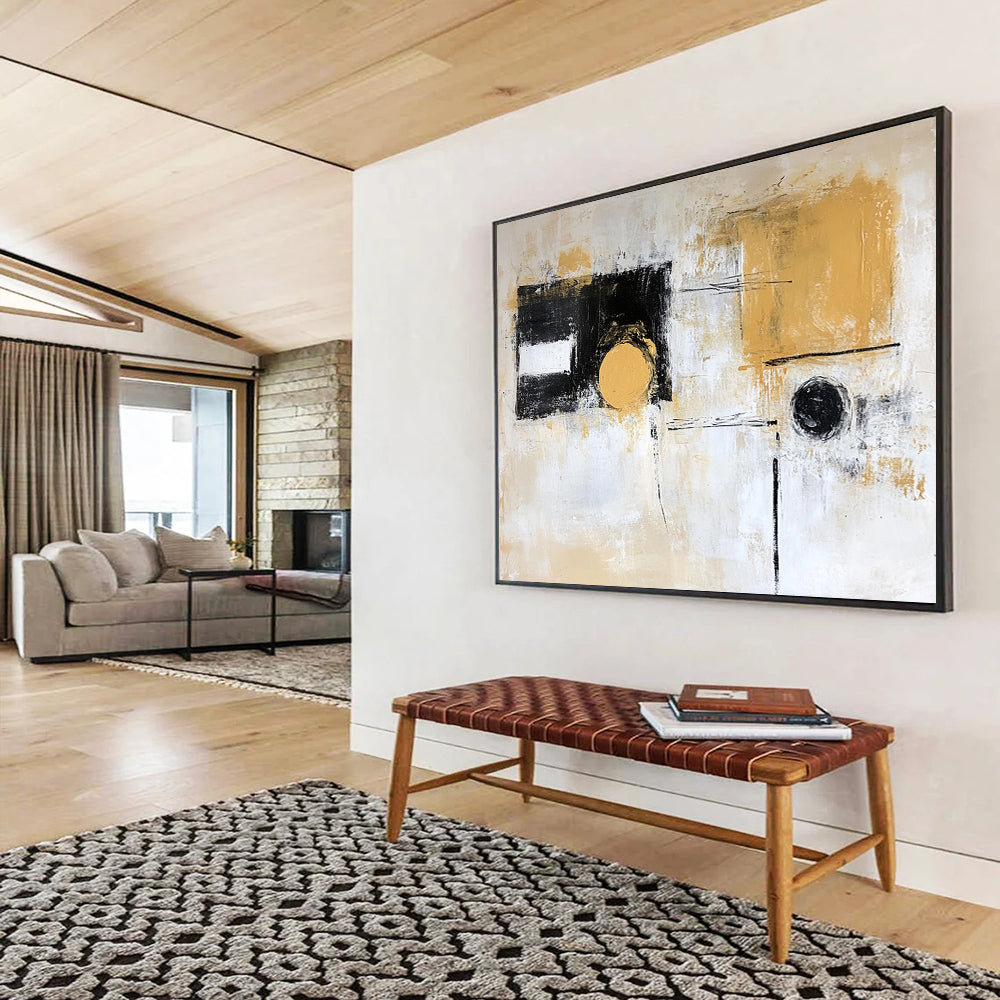 “Earthy Circles” - Beige, White, Black, Gold with Abstract Circles - Abstract Acrylic Painting HB1342