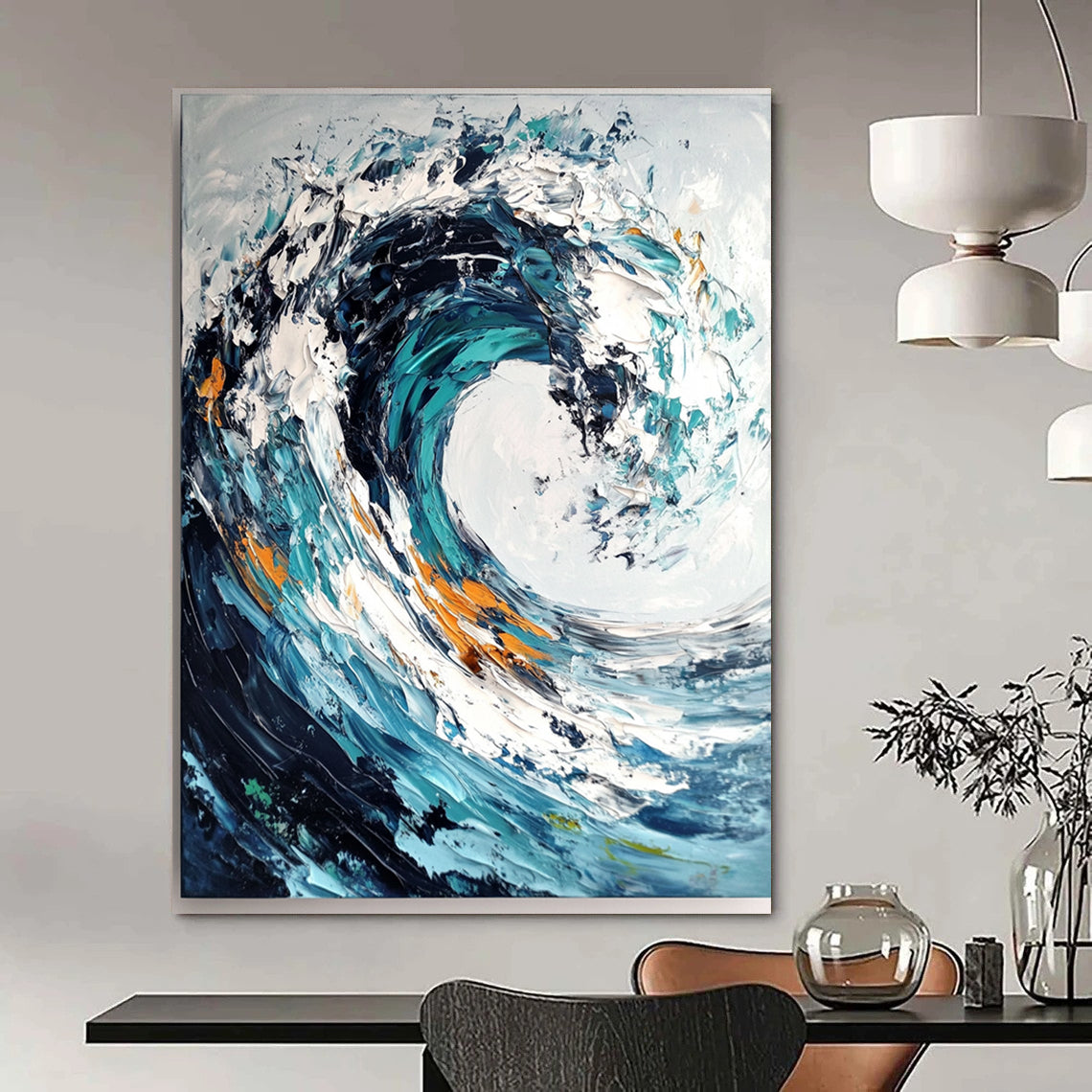 Contemporary abstract painting showcasing ocean wave with impasto brush strokes and palette knife in dark blue and teal swirls on white background. DLZ0580