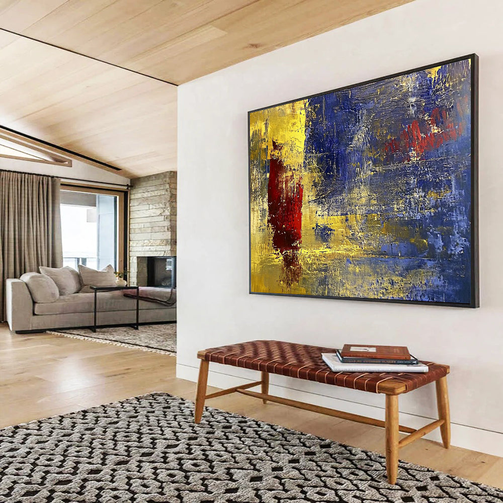 “Golden Blue Abstract” - Gold, Blue, Red, Textured Abstract Shapes Painting On Canvas HB0947