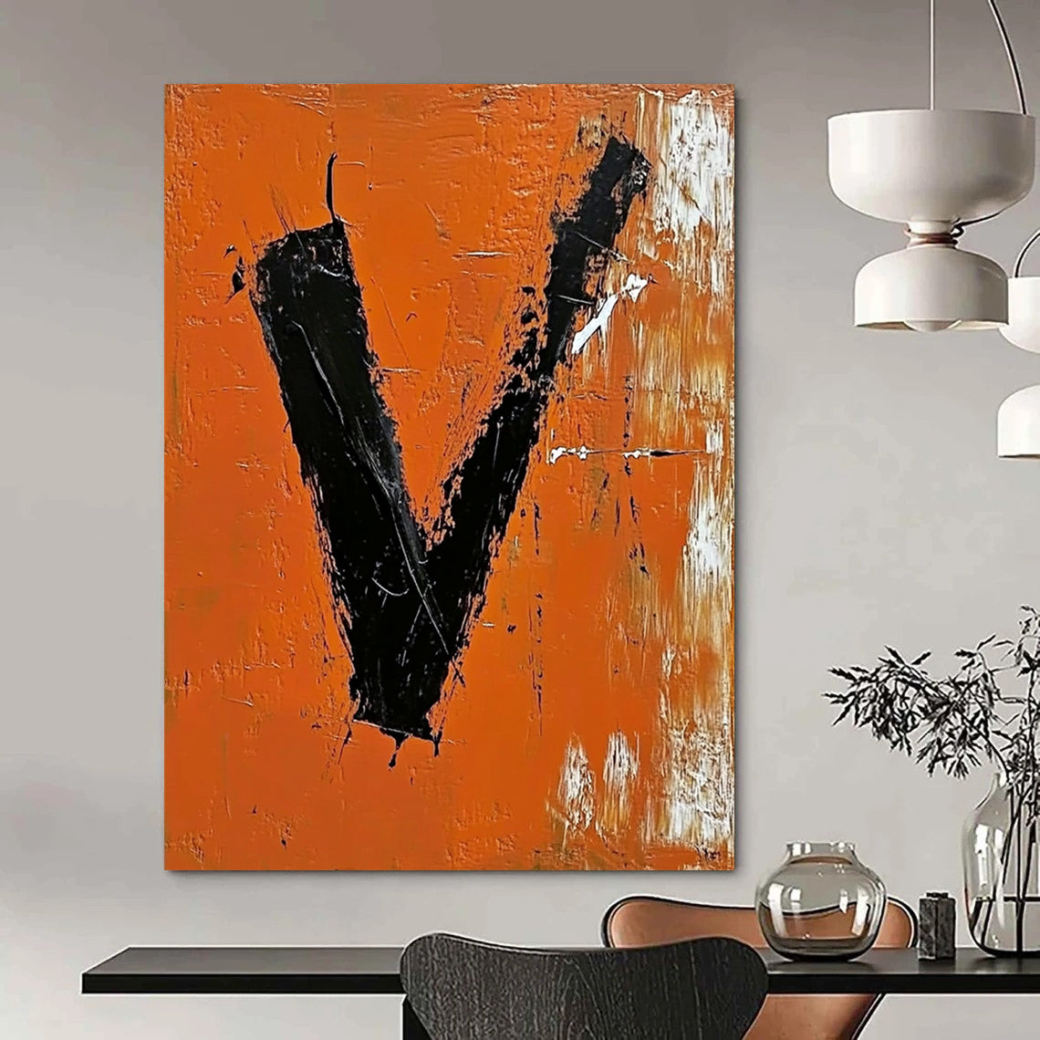 Contemporary abstract artwork featuring bold black "V" on vibrant orange background with expressive brush strokes and palette knife technique. DLZ1324