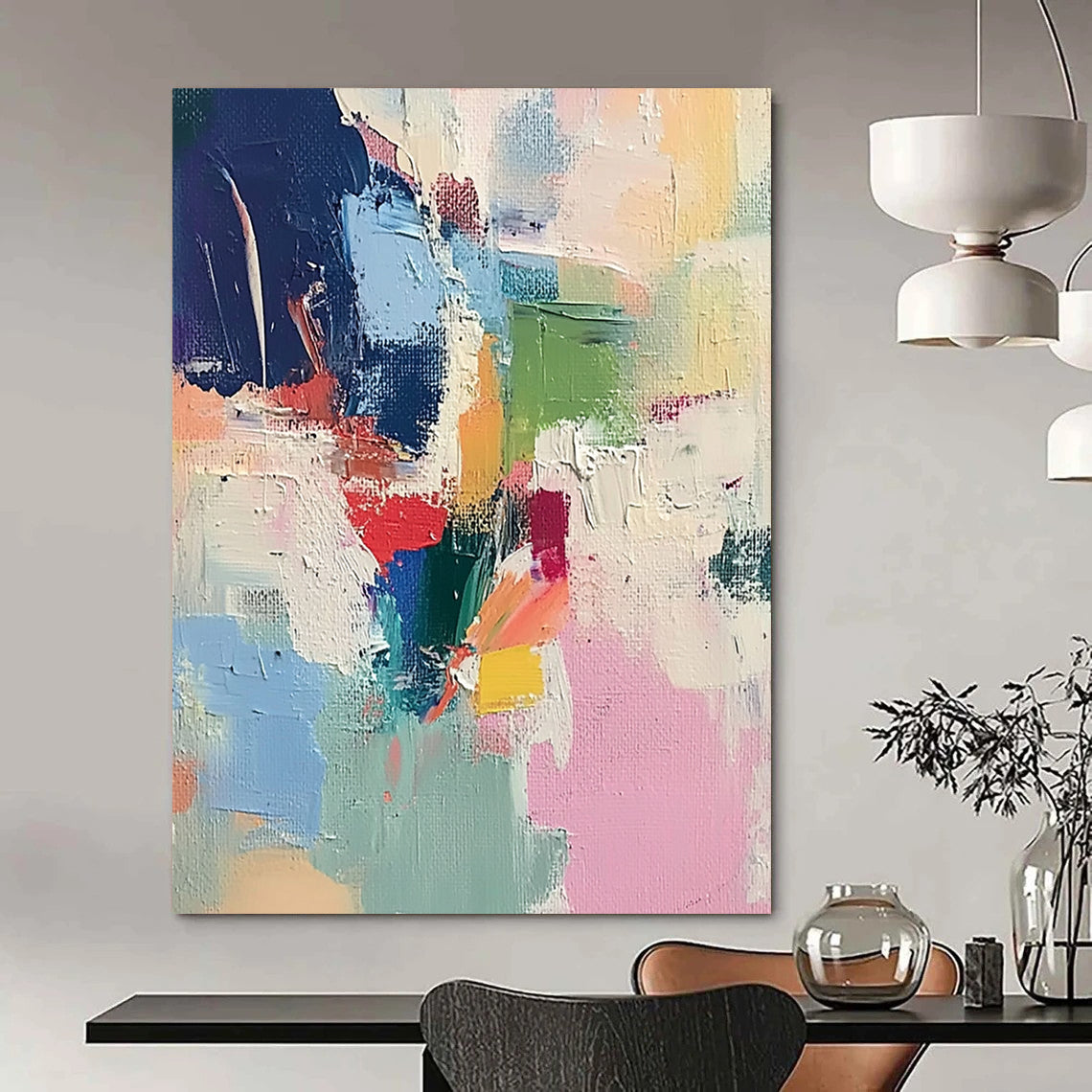 Large contemporary hand-painted abstract artwork featuring soft brushstrokes light colors thick paint and striking contrasts creating a chaotic atmospheric composition. DLZ0767