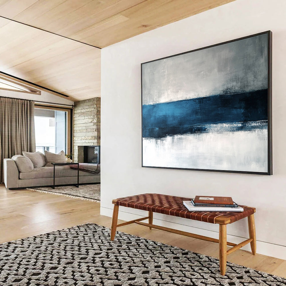 “Blue - Gray Horizon” - Blue, Gray, White, Minimalist Abstract Landscape Painting On Canvas HB1064