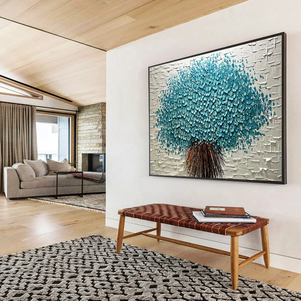 Textured Blue Flower Tree - Elegant Living Room or Bedroom Decor DLZ213