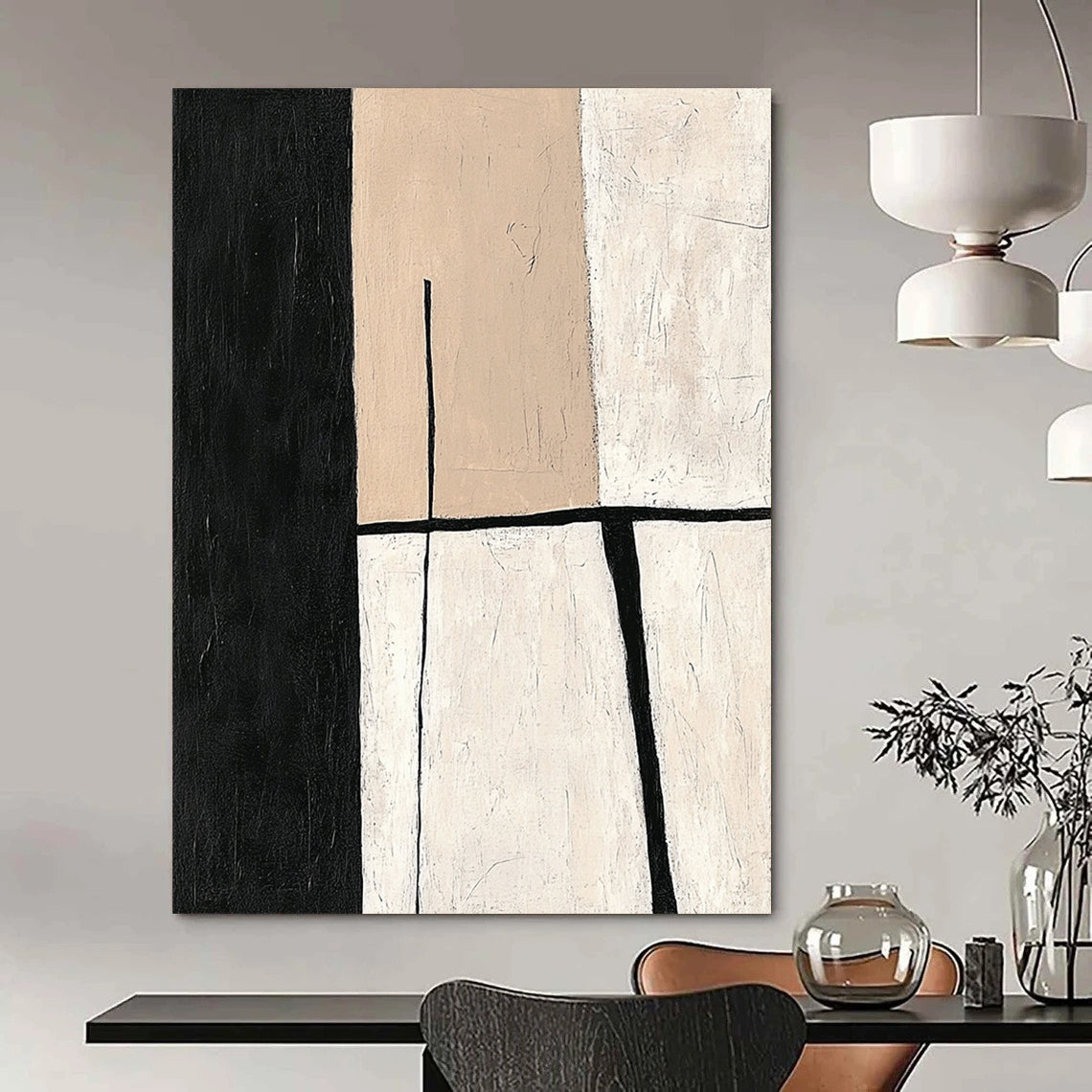 Contemporary hand-painted abstract work featuring minimalistic shapes in a balanced neutral palette of beige and black for an elegant modern aesthetic. DLZ0936
