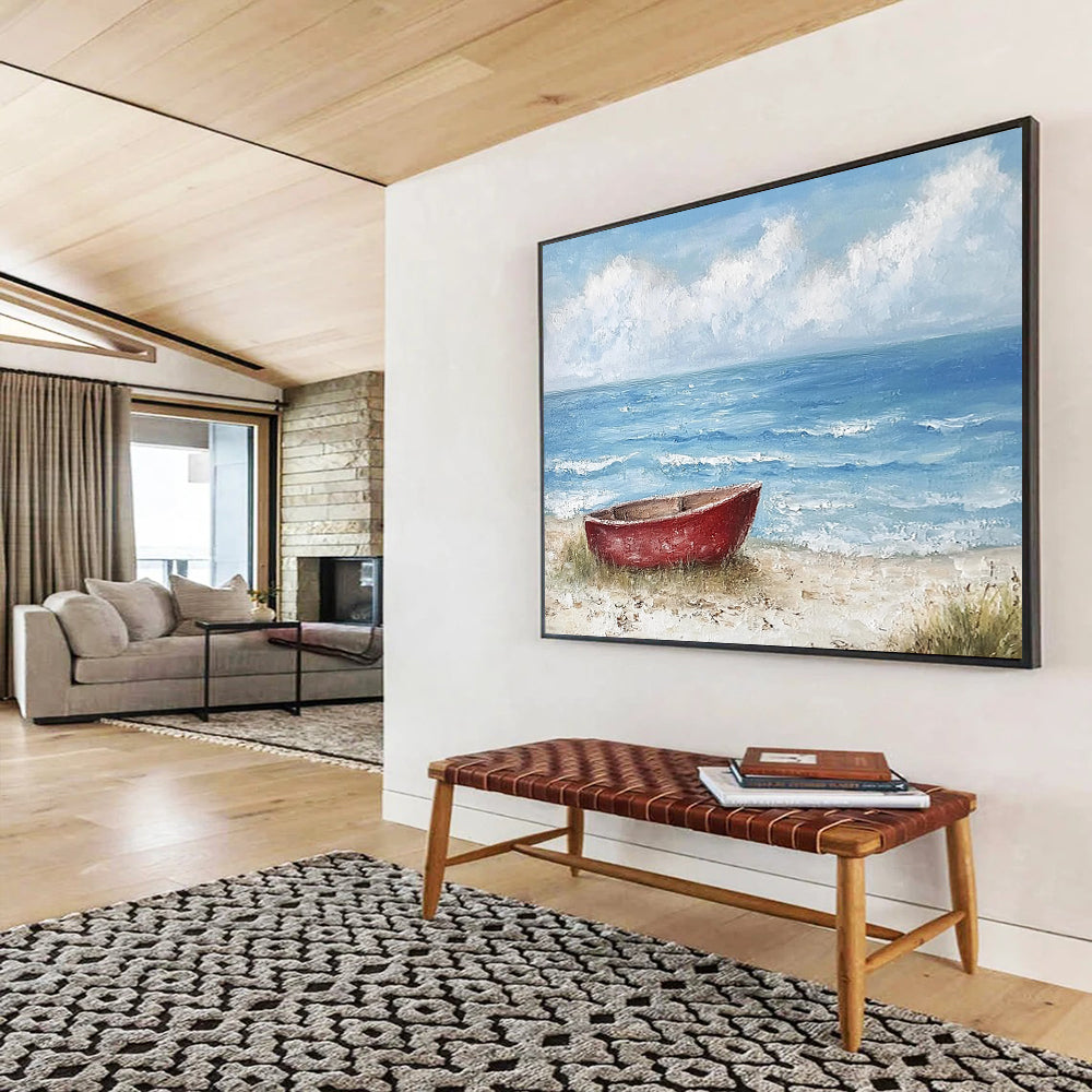 “Red Boat on Calm Beach” - Blue, Red, Beige, Boat on Sandy Shore - Textured Acrylic Painting HB1697