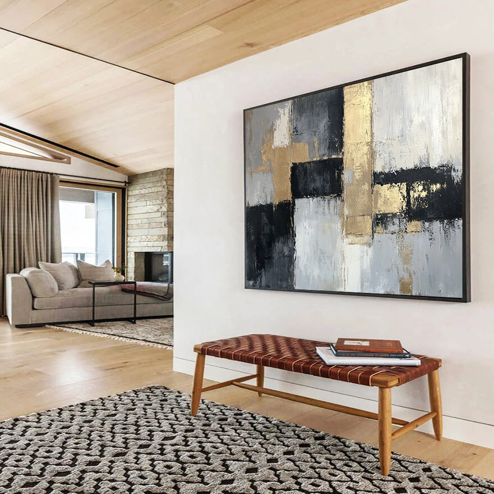 “Gold Accents on Gray Abstract” - Gray, white, black, gold; Abstract with geometric shapes and gold accents; Acrylic Painting On Canvas HB1268