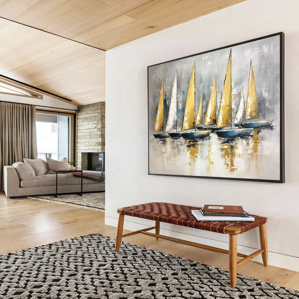 “Gold and Gray Sail Fleet” - Gold, Gray, Blue, Sailboats on Calm Water - Textured Oil Painting HB1733
