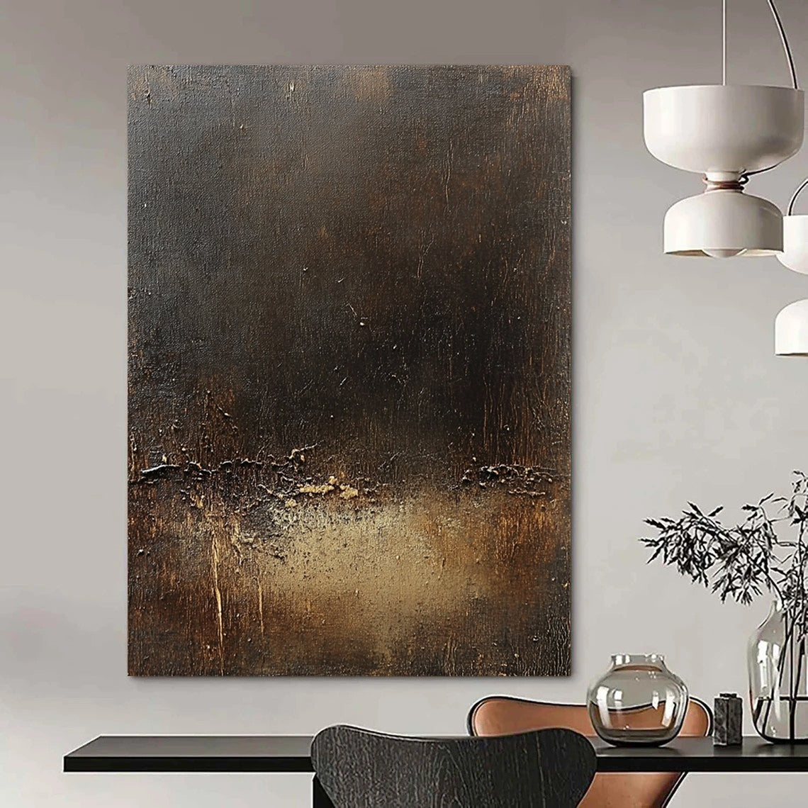 Contemporary abstract canvas art featuring a dark brown textured background subtle golden line and signs of wear enhancing its unique character. DLZ1571