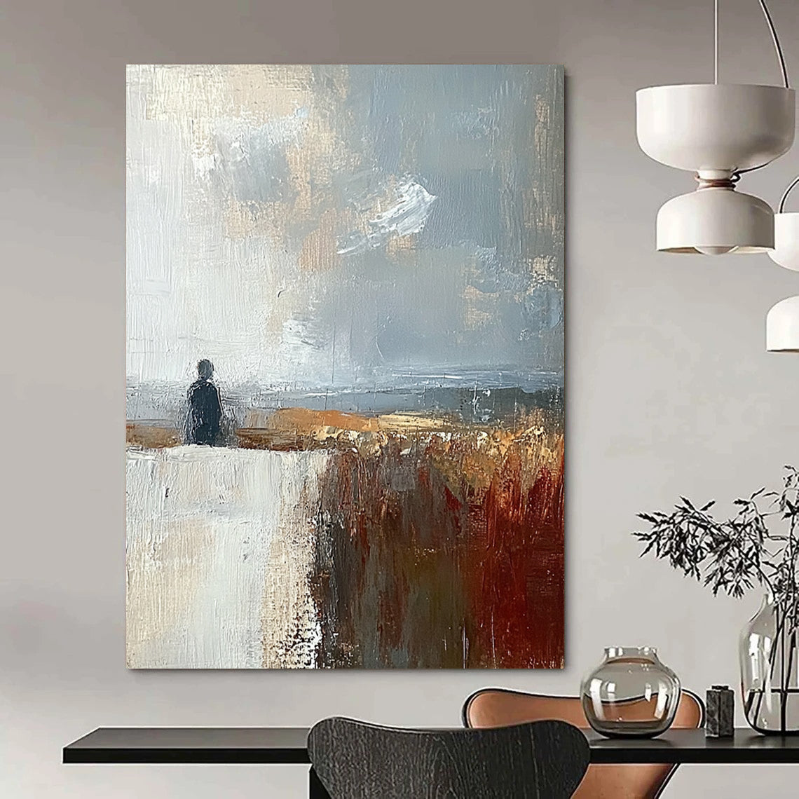 Contemporary abstract painting featuring muted brown grey and blue landscape under a large white sky creating a detailed and moody atmosphere. DLZ0487