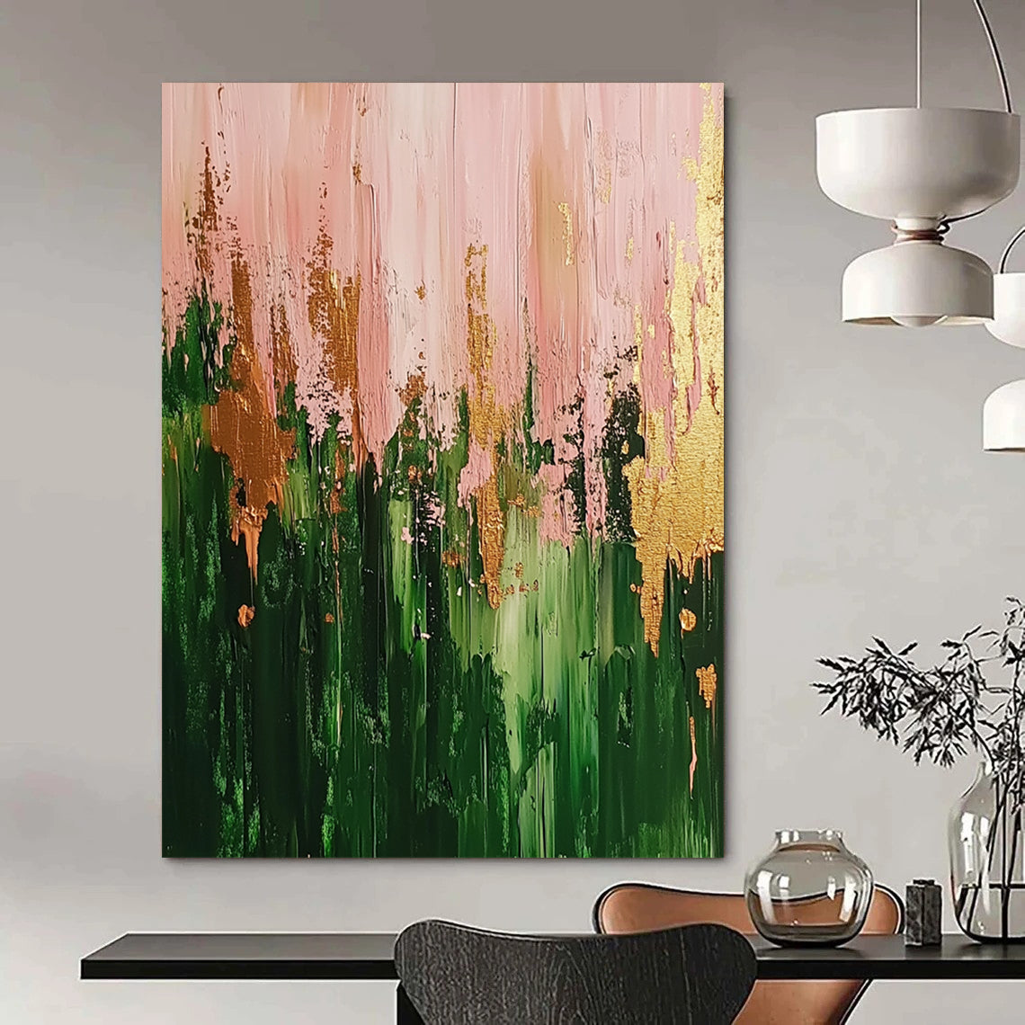 Contemporary abstract artwork featuring a vibrant forest in green and pink hues highlighted with gold accents and dynamic brush strokes. DLZ0904