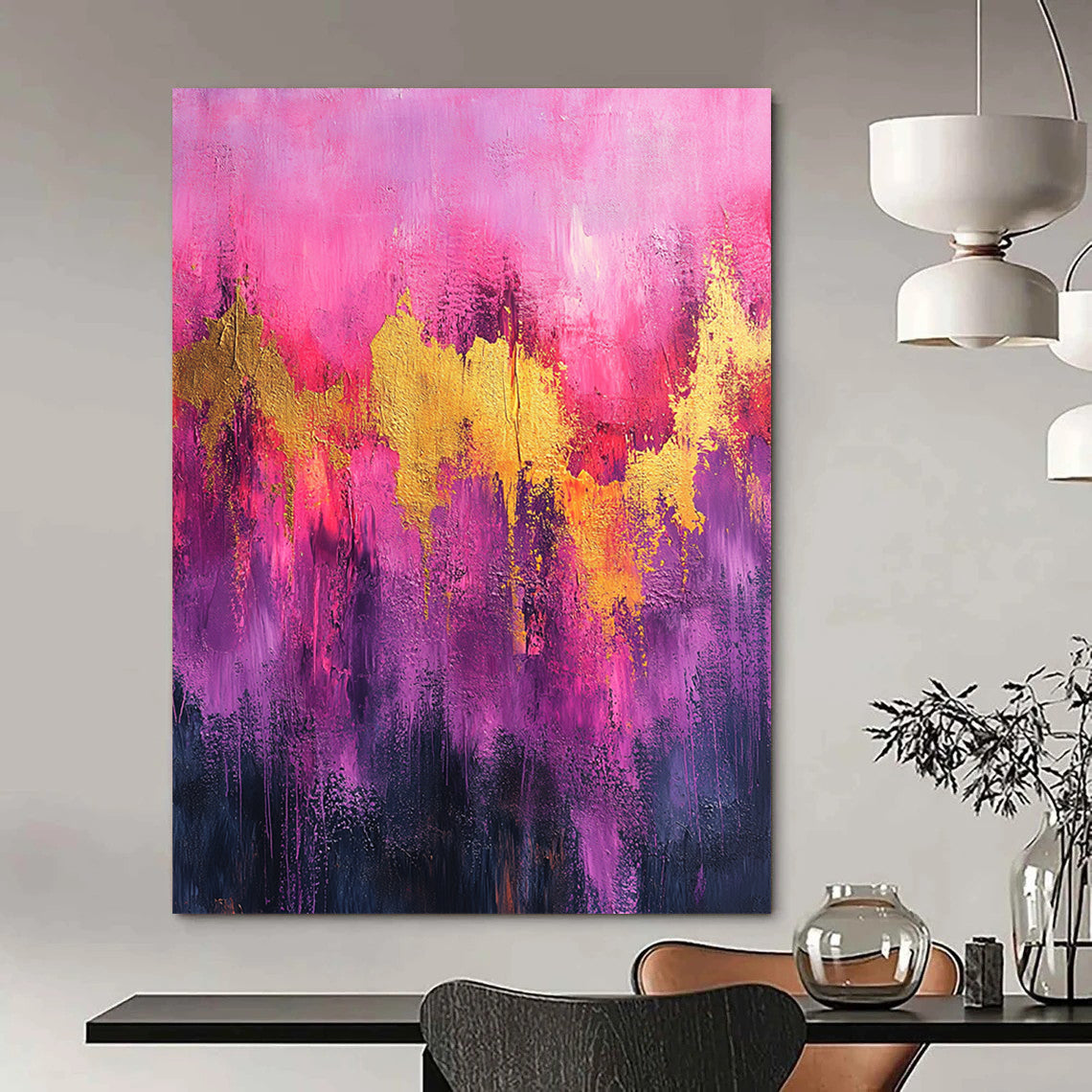 Contemporary abstract artwork featuring vibrant pink and purple tones with gold accents and dynamic splatter drips on textured canvas. DLZ0909