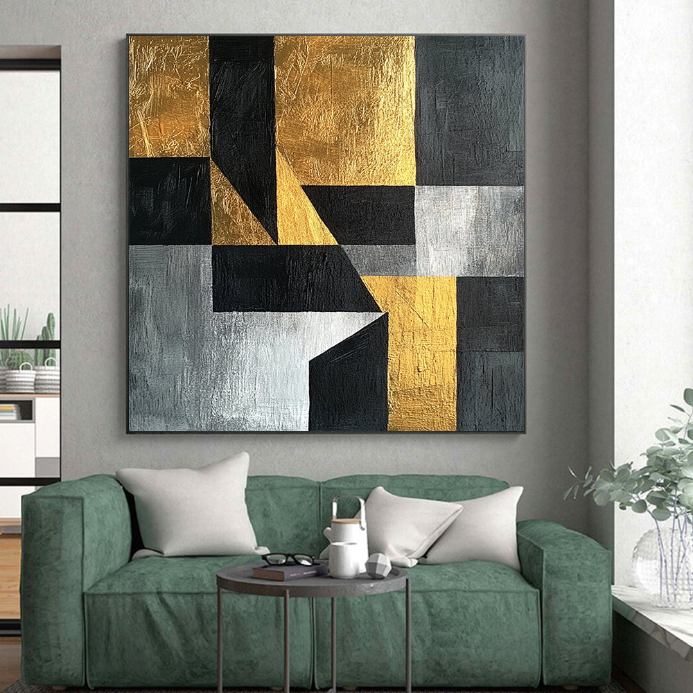 Black, Gray, Silver and Gold Geometric Abstraction "Elegant Geometry" Painting On Canvas HB372