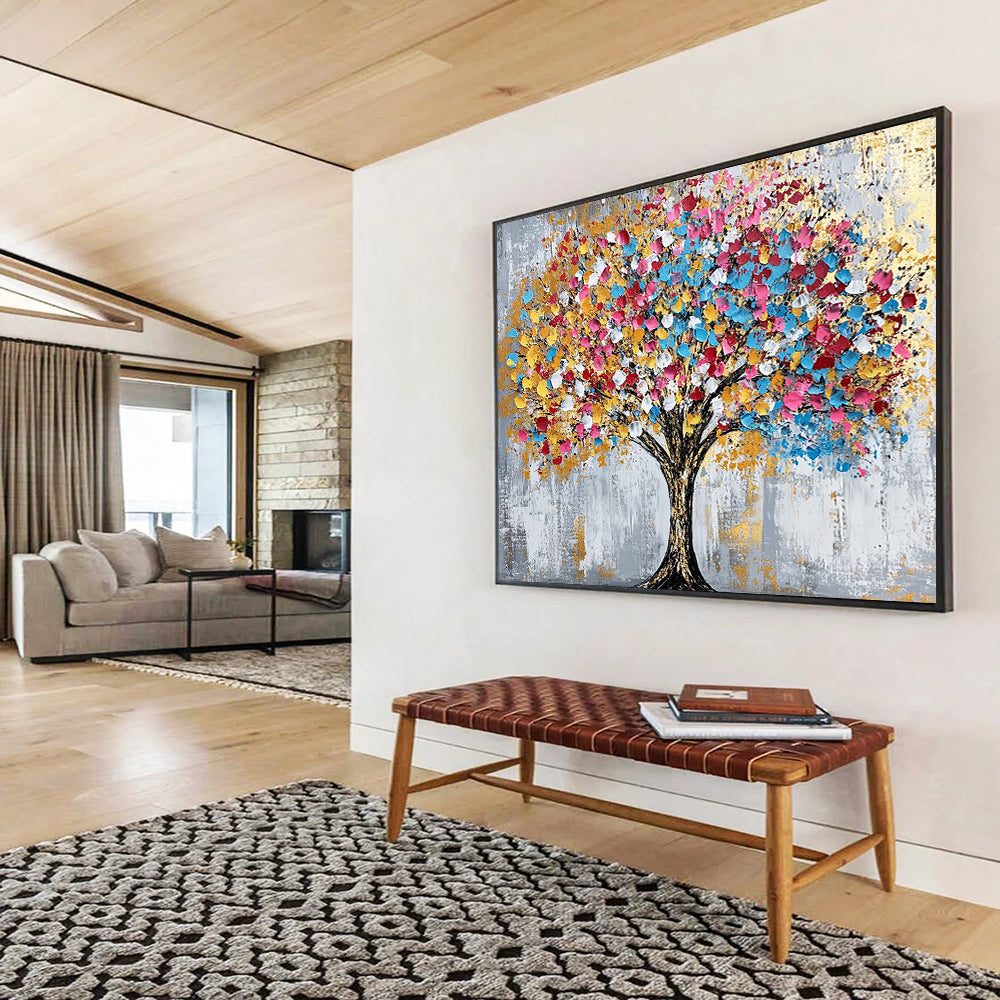 “Colorful Dot Tree” - Gray background, multicolor dots, golden accents, Abstract Tree Painting On Canvas HB0590