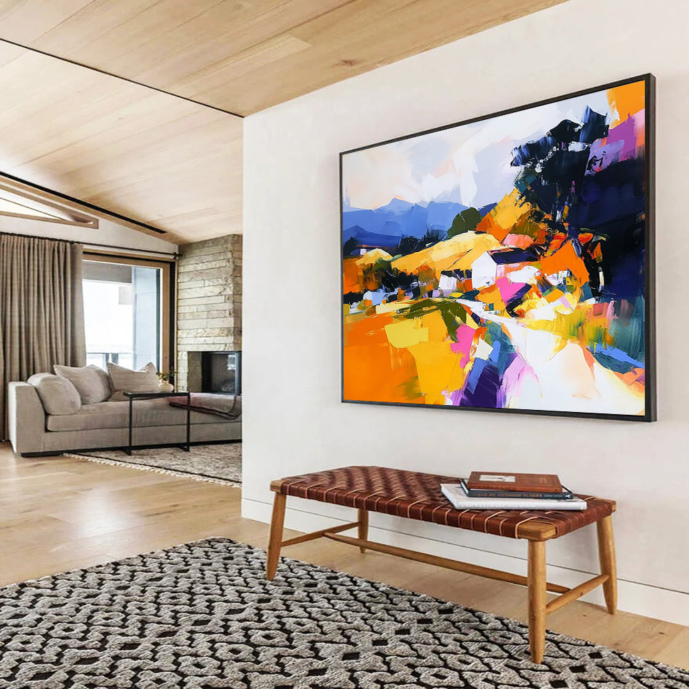 “Colorful Abstract Village” - Orange, Yellow, Pink, Purple, Abstract Village Landscape Painting On Canvas HB1115