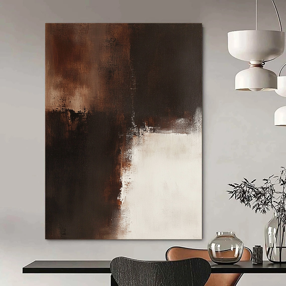 Big contemporary hand-painted abstract artwork featuring a brown and white palette on a beige background with dark bronze details expressing emotional depth and vintage texture. DLZ0566