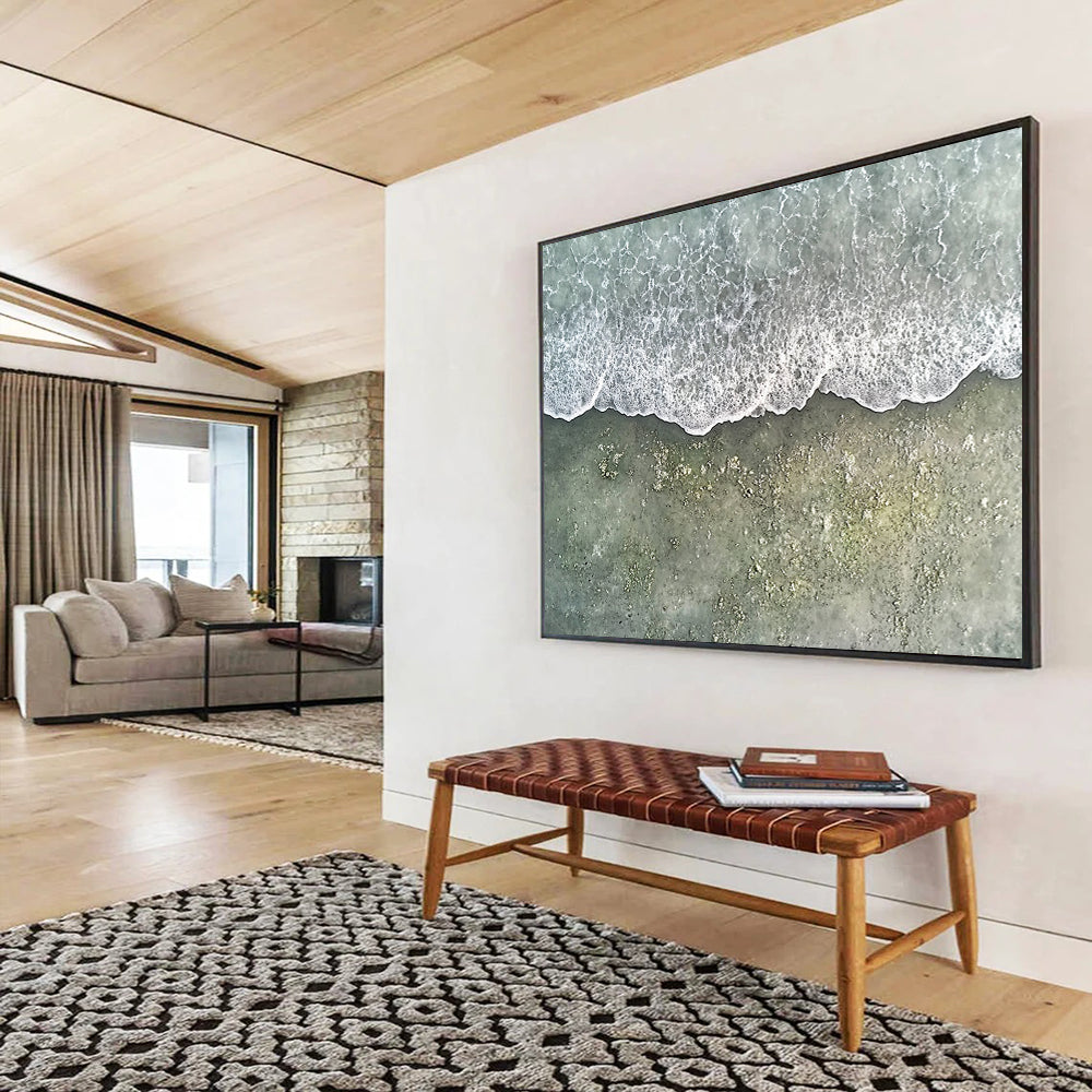 Aerial View of Foamy Waves on Sandy Beach - Realistic Coastal Painting On Canvas HB0487