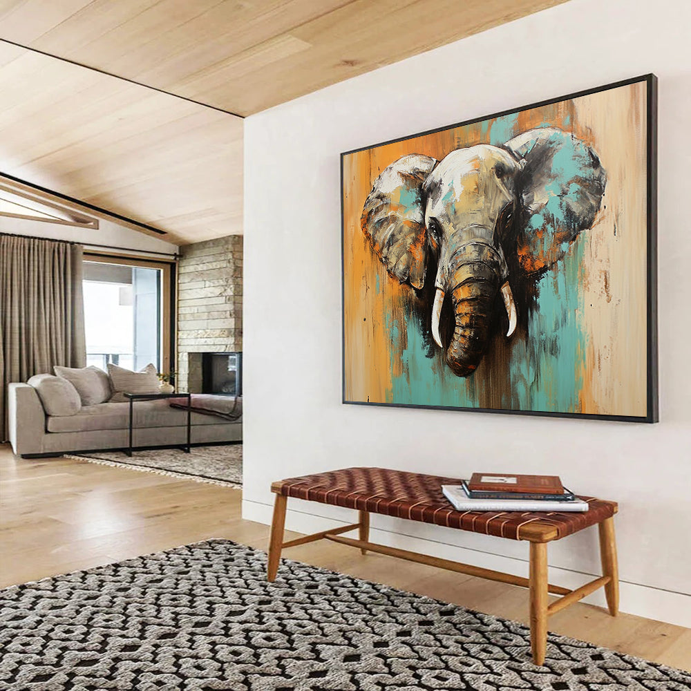 “Colorful Elephant Portrait” - Teal, Orange, Gray, Expressive Animal Painting On Canvas HB1002