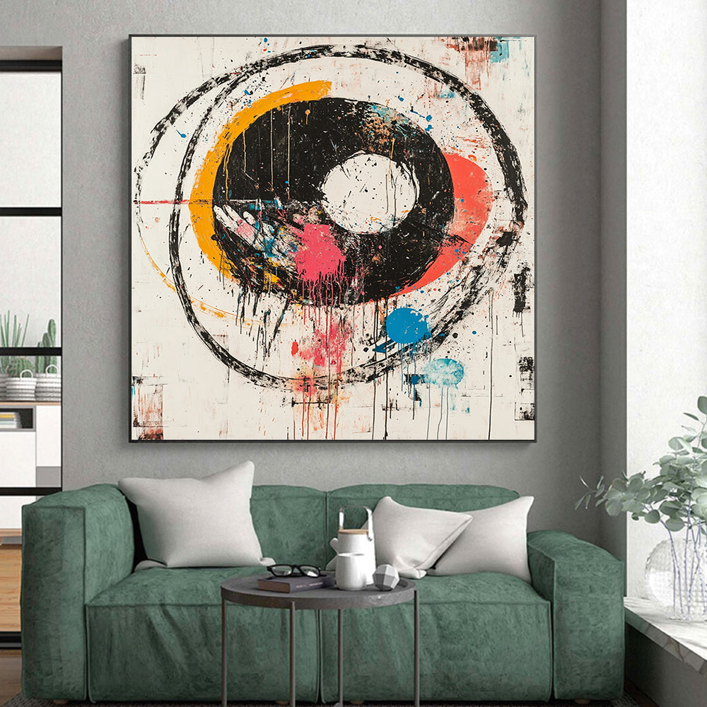 Colorful Circular Splashes with Black Rings - “Vibrant Chaos Orbit” Painting On Canvas HB181