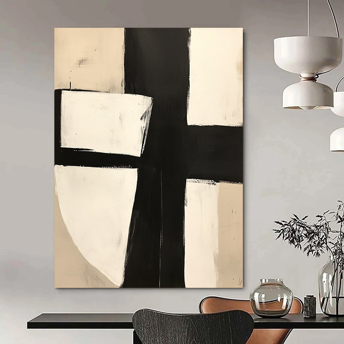 Contemporary hand-painted abstract art featuring bold black and white blocks minimalistic design with a central square and X motif. DLZ0508