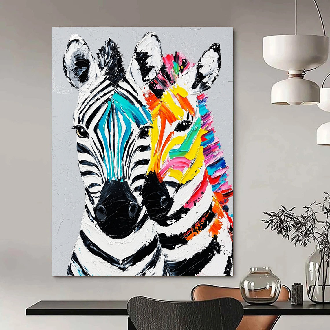 Contemporary hand-painted abstract artwork featuring two vibrant zebra heads with textured fur details against a gray background. DLZ1231