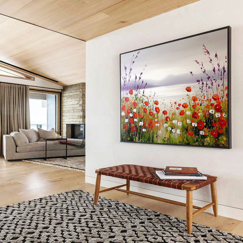 “Poppy Lake Serenity” - Red poppies, purple hills, blue lake, Idyllic Landscape Painting On Canvas HB0582