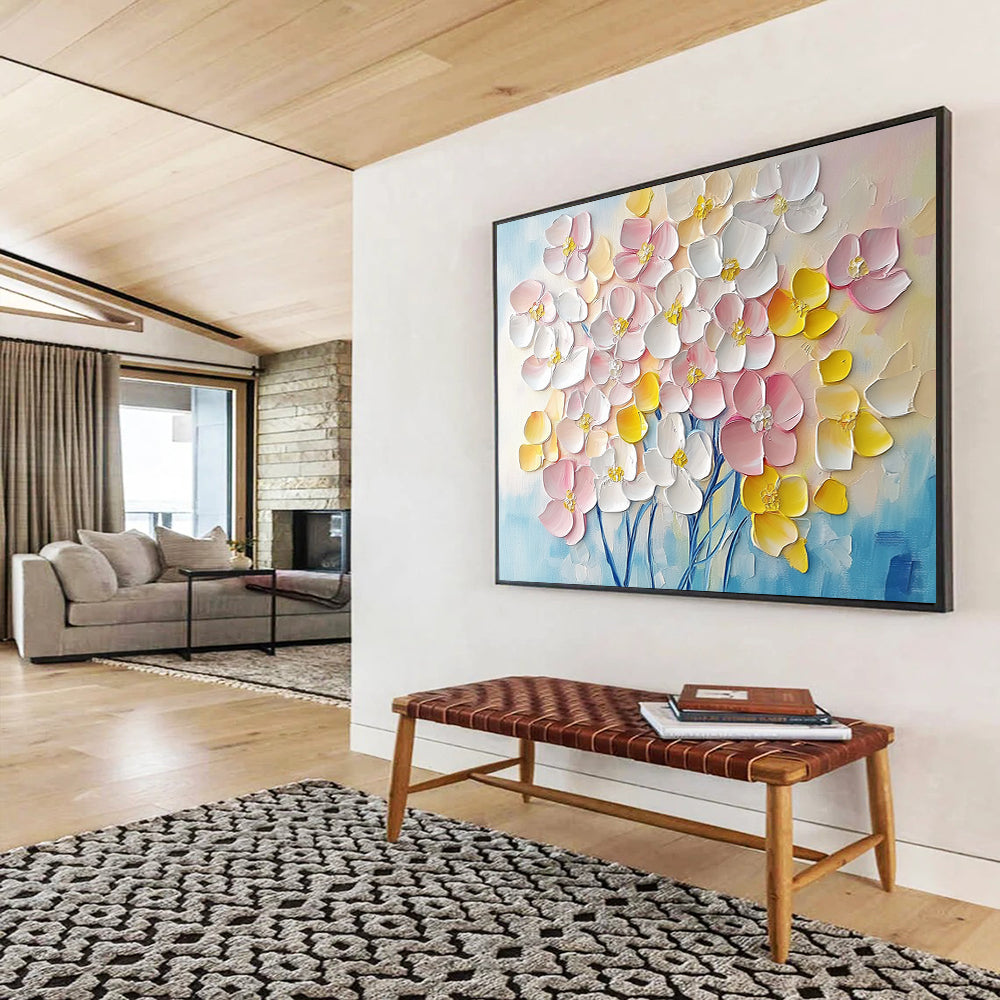 “3D Floral Burst” - Soft pinks, whites, yellows, blues; Textured, raised flower blooms; Impasto Floral Painting On Canvas HB1156