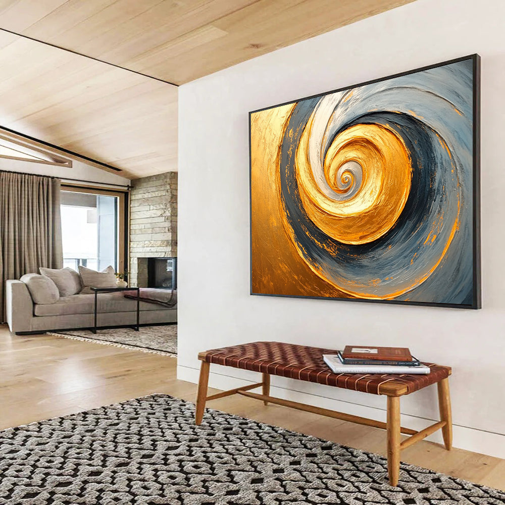 “Golden Spiral Abstract” - Gold, Gray, Spiral Abstract Oil Painting On Canvas HB0723