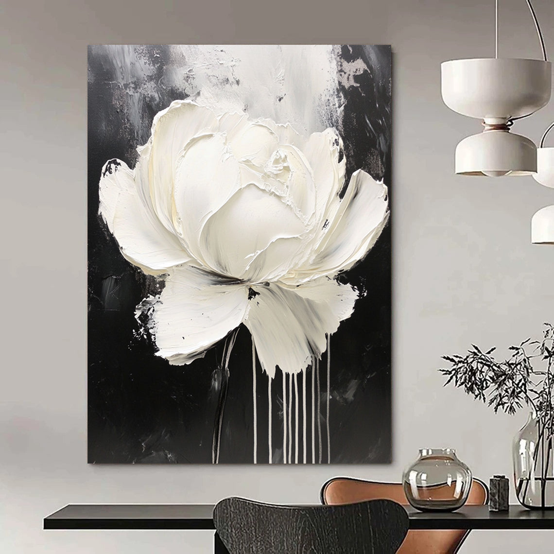 Contemporary abstract oil painting featuring a white rose with dripping paint on a minimalist black and gray background, showcasing intricate details and expressive petals. DLZ0829