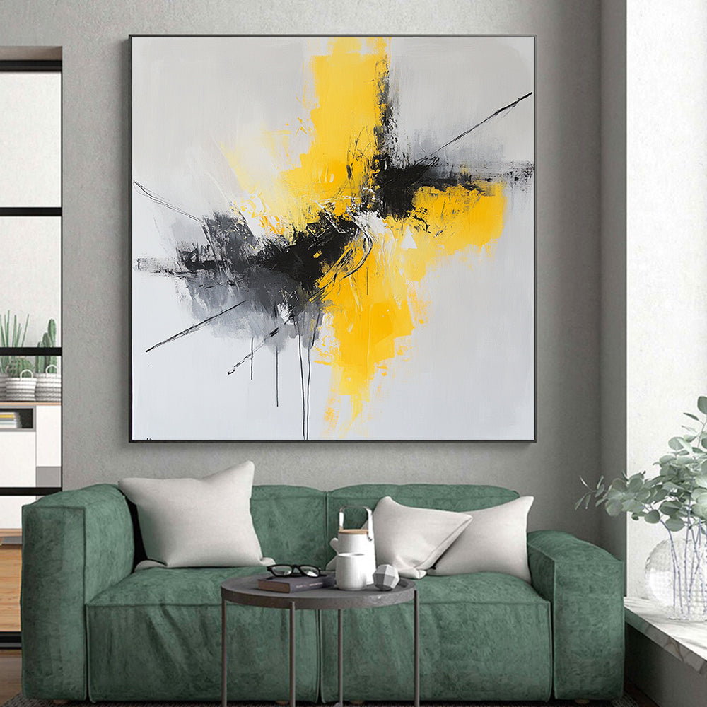 Gray, Yellow, Black, Dynamic Strokes "Vivid Surge" Abstract Expressionist Painting On Canvas HB051