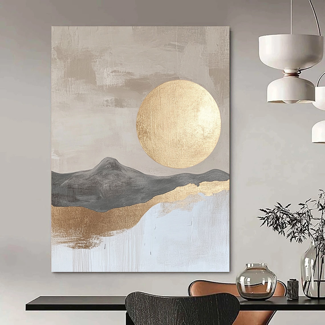 Contemporary hand-painted abstract art featuring a beige and gray landscape with a golden moon on textured paper surface in neutral colors. DLZ0284