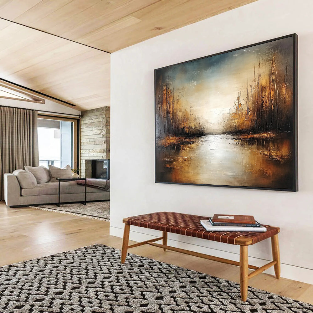 “Golden Forest Stream” - Brown, Gold, Gray, Sunlit Trees and Reflective Stream Painting On Canvas HB0929