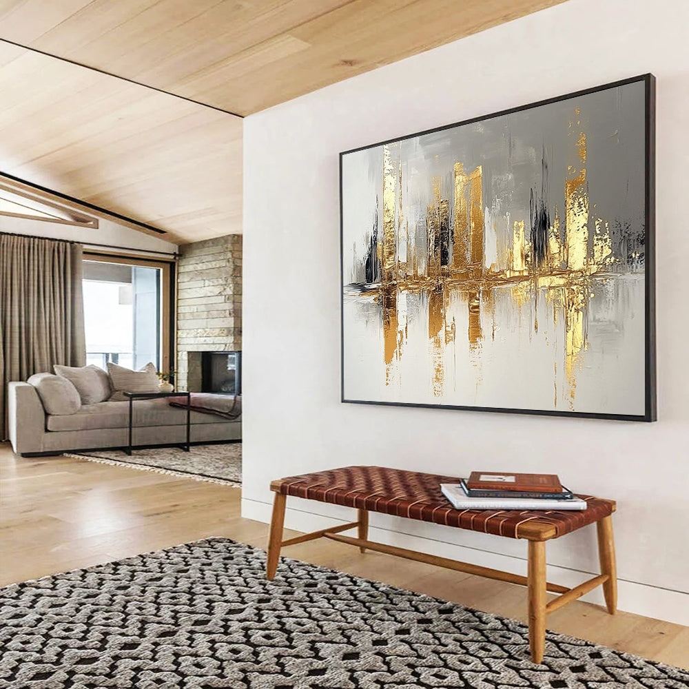 “Gilded Metropolis Reflection” - Gold, Gray, White, Abstract Cityscape with Water Reflections Painting On Canvas HB1084