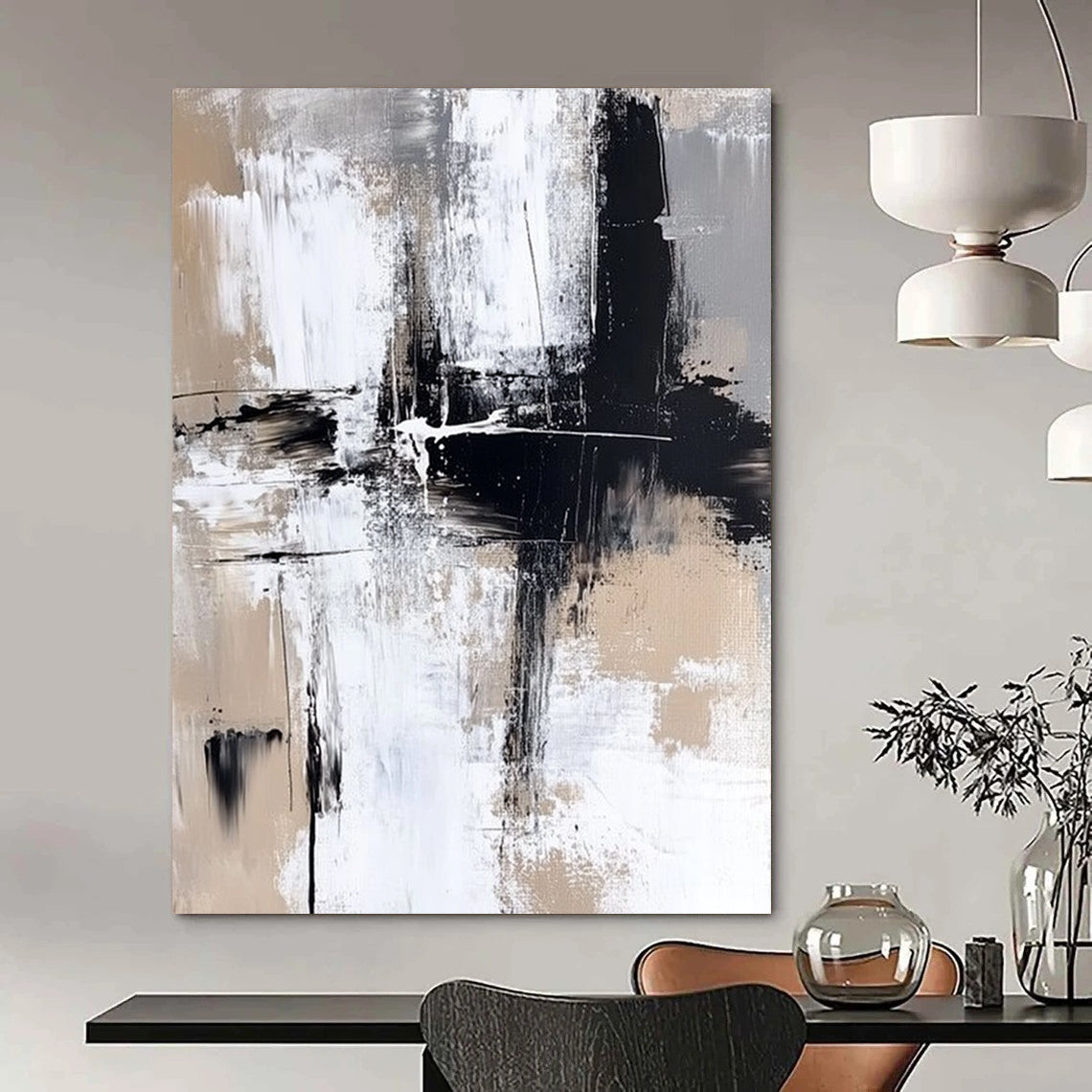 Contemporary hand-painted abstract art featuring bold brush strokes in neutral tones and striking paint splashes for a modern aesthetic. DLZ0306