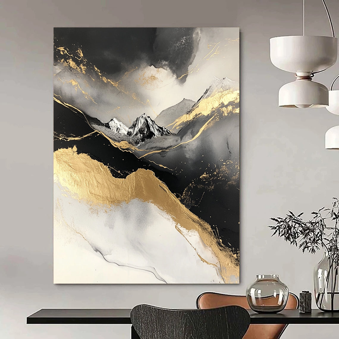 Contemporary abstract painting featuring a snowy mountain design with black and gold marble texture and grey accents on a white background. DLZ0272