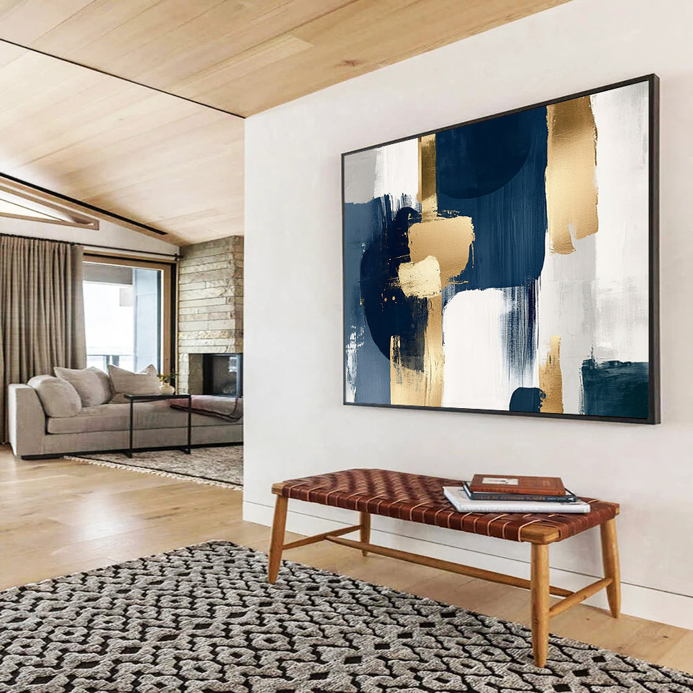 “Navy and Gold Geometric Abstract” - Navy, gray, white, gold; Geometric abstract with gold brushstrokes; Acrylic Painting On Canvas HB1261
