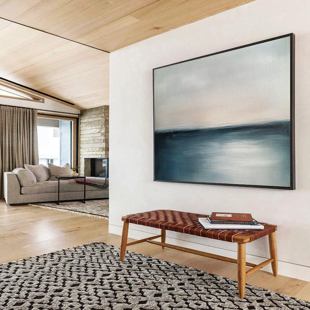 “Serene Horizon” - Soft Gray and Deep Blue, Calm Sea and Sky Painting On Canvas HB0906