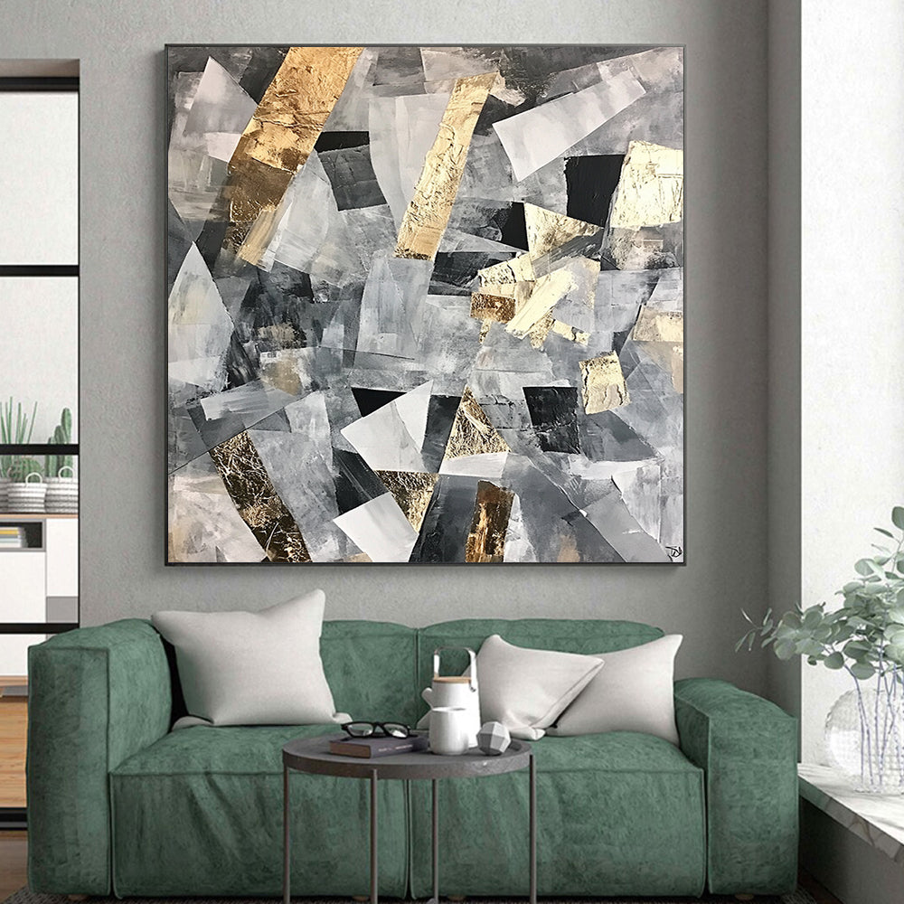 Gray, Black, White and Gold Abstract Collage "Urban Mosaic" Painting On Canvas HB369
