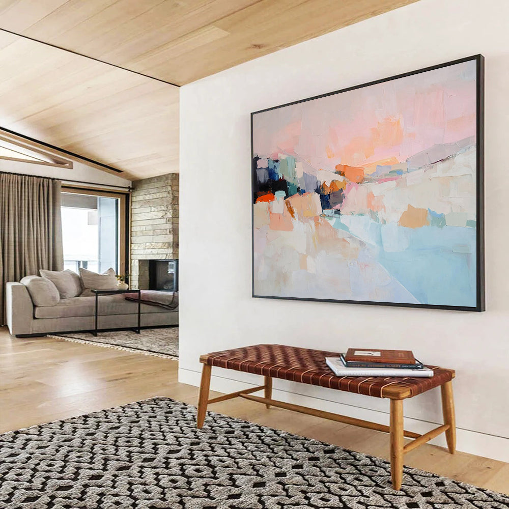Soft Pink and Colorful Abstract Landscape - “Blush Horizon” Painting On Canvas HB1456