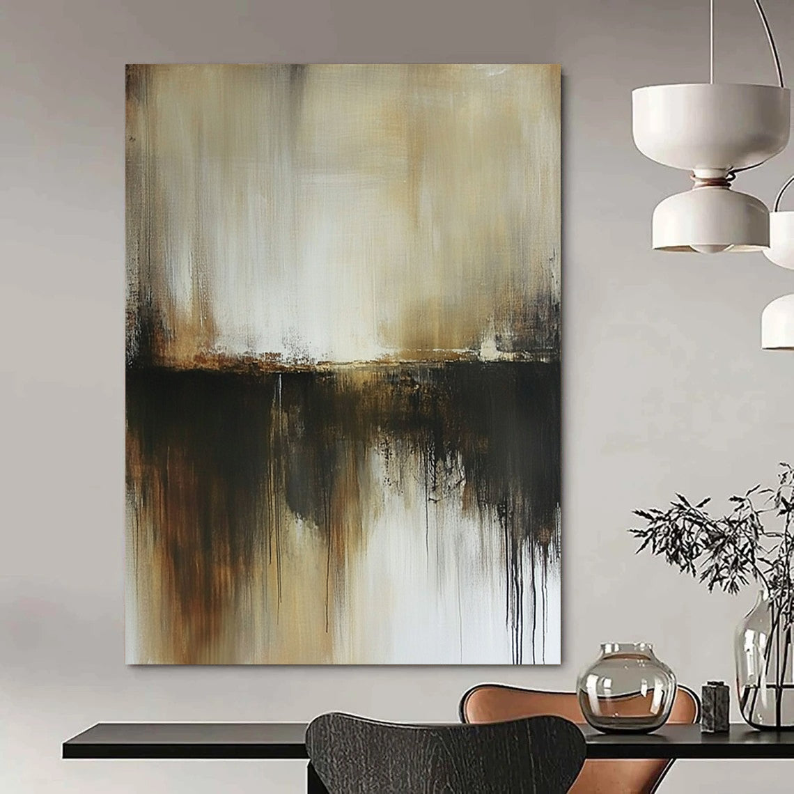 Contemporary hand-painted abstract art in neutral browns and greys evokes a dark grungy misty atmosphere with subtle beige and white tones. DLZ0528
