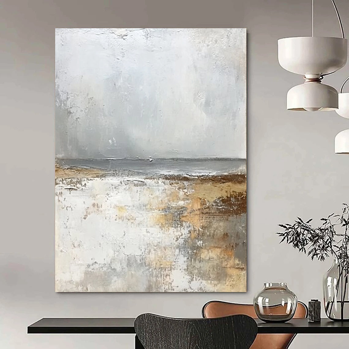 Contemporary abstract artwork featuring a serene misty beach in soft whites and greys exuding tranquility and harmony for elegant decor. DLZ0475