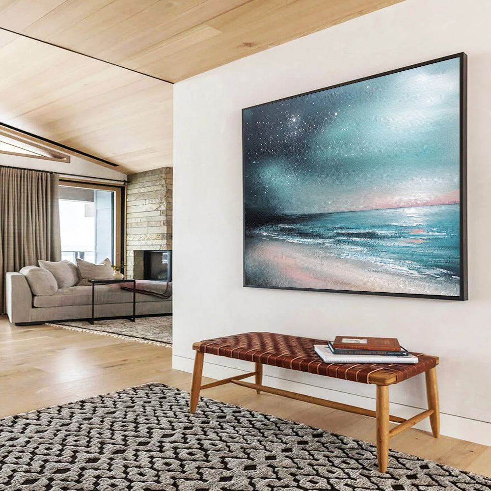 “Aurora Beach” - Teals, Pinks, Purples, Beach Under a Starry, Aurora - Like Sky - Impasto Oil Painting HB1742