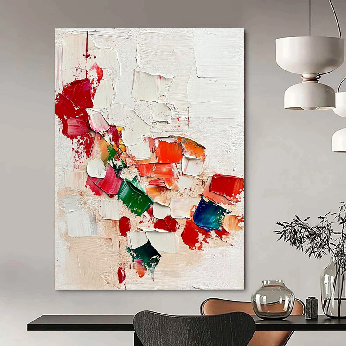 Contemporary hand-painted abstract artwork featuring vibrant reds and greens on a textured white background inspired by Jean-Léon Gérôme. DLZ0574