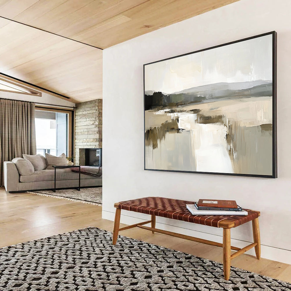 “Minimalist Lake Landscape Abstract” - Beige, Gray, White with Lake Forms - Painting On Canvas HB1402