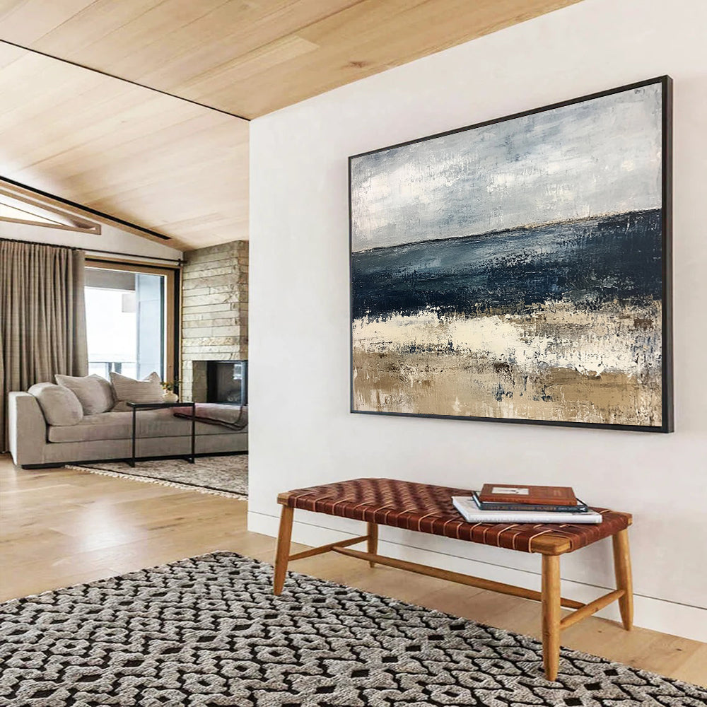 “Abstract Coastal Landscape” - Blue, Gray, Beige with Textured Layers - Painting On Canvas HB1392