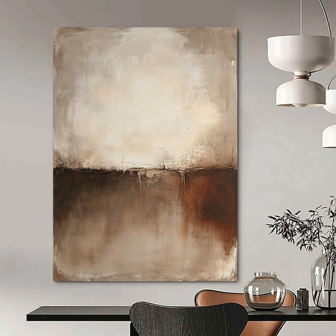 Large contemporary hand-painted abstract art featuring a textured wall in warm brown and cream tones. Perfect for modern decor. DLZ1379