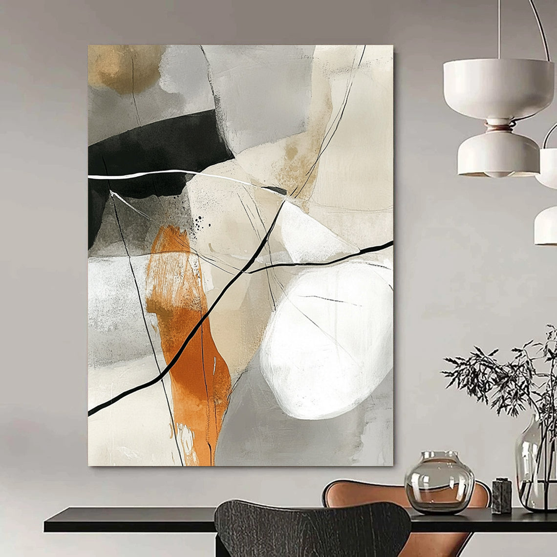 Large contemporary hand-painted abstract artwork featuring white lines and black ink on a grey background with neutral tones of beige olive green rust orange and warm gray-brown. DLZ0265